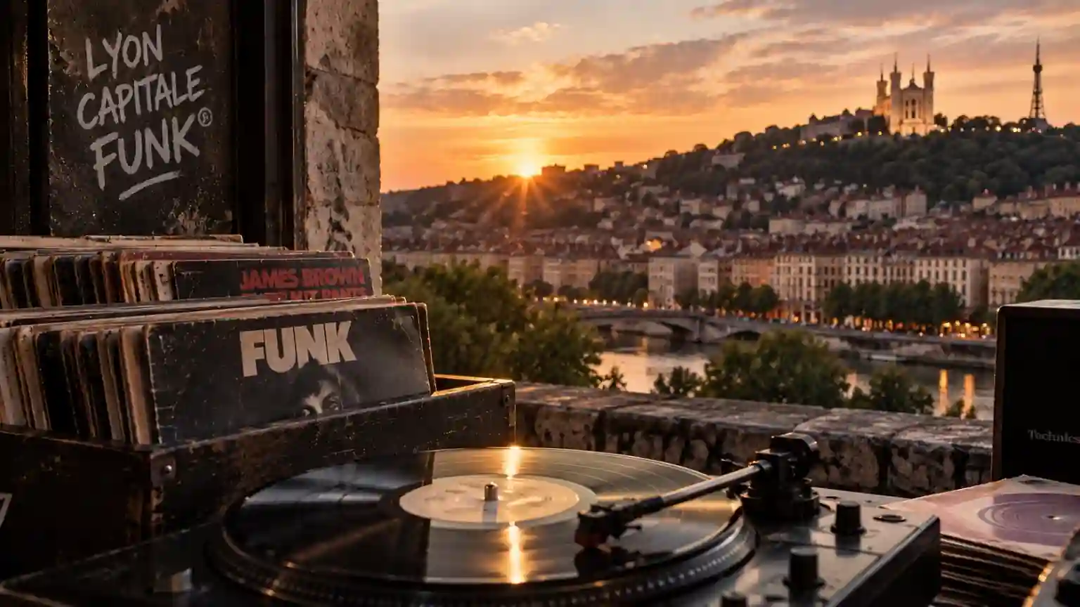 Lyon au coucher du soleil avec platine vinyle et disques funk