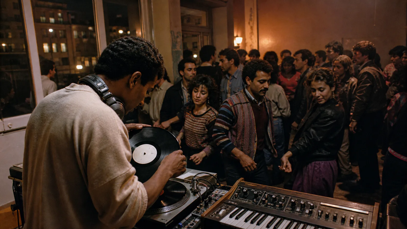 DJ mixant du vinyle sur un synthétiseur devant une fête de quartier à Lyon dans les années 80