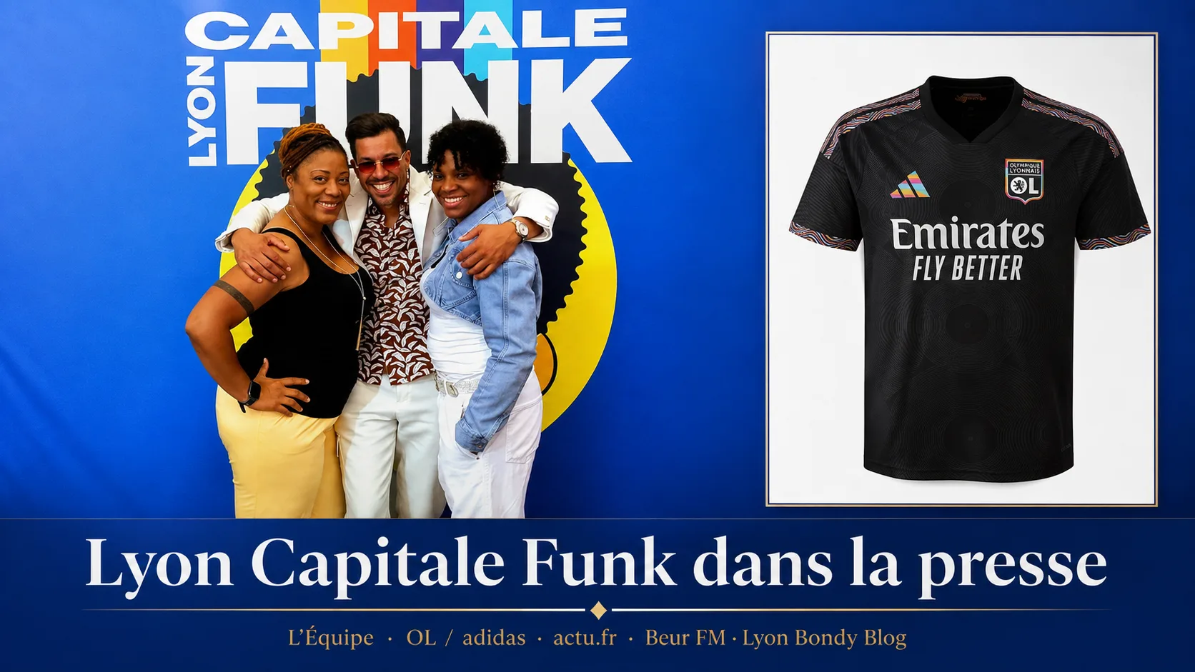 Belgacem Ben Mokdad entouré de deux invitées devant le photocall Lyon Capitale Funk, avec le maillot third de l'Olympique Lyonnais en médaillon
