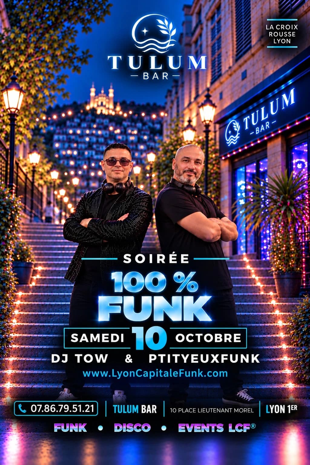 Affiche soirée 100 % Funk & Boogie au Tulum Bar à Lyon le 10 octobre 2026 avec DJ Tow et Ptityeuxfunk