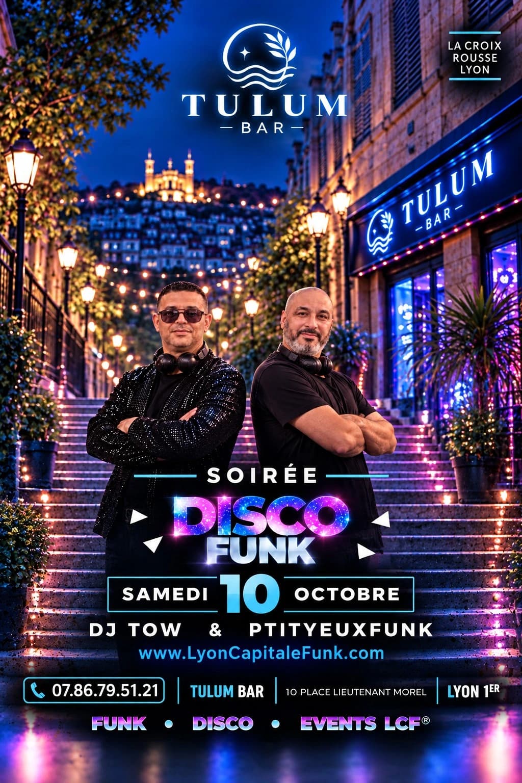 Affiche Soirée Disco Funk au Tulum Bar à Lyon le 10 octobre 2026 avec DJ Tow et PtiYeuxFunk