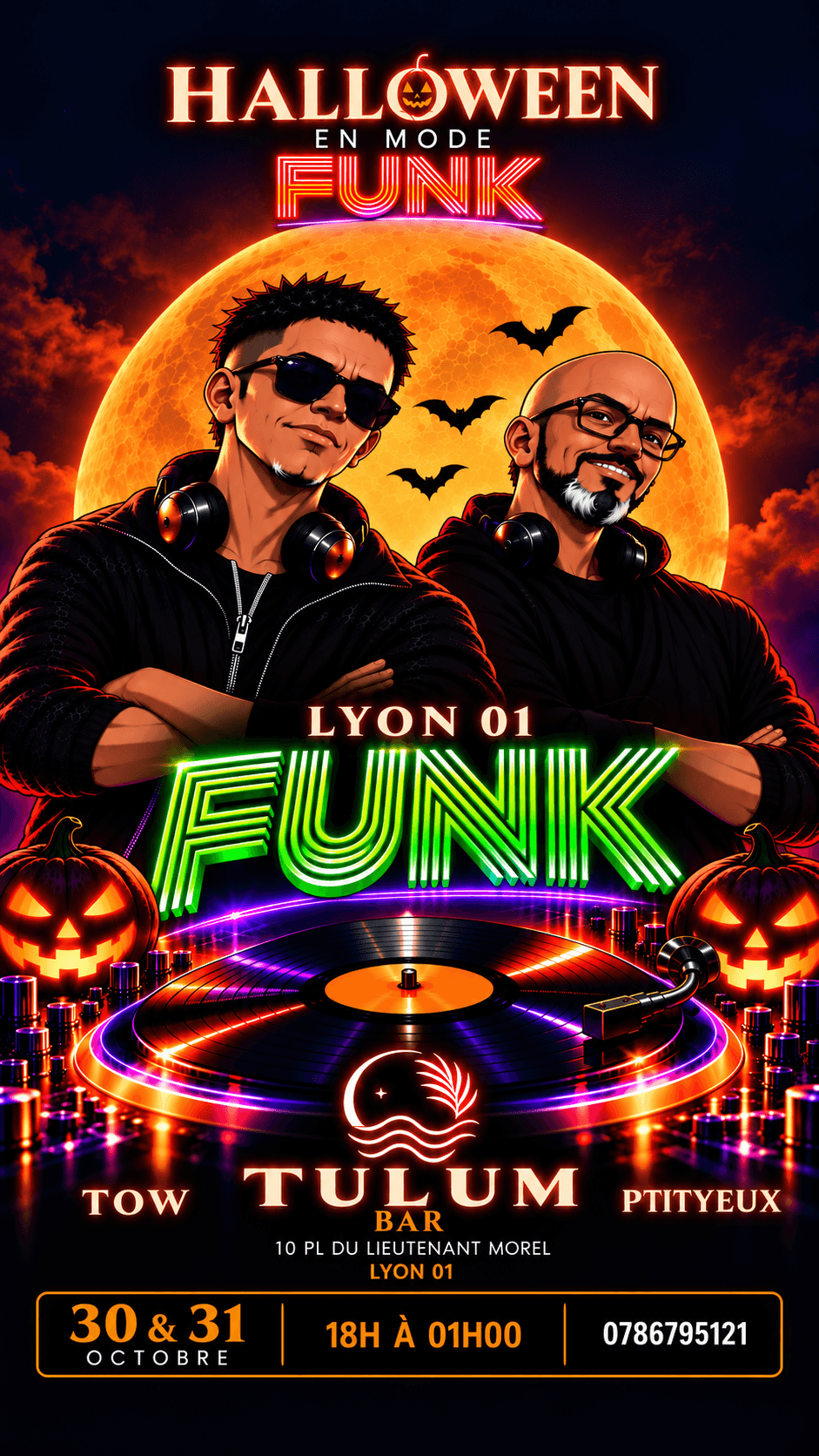 Affiche Halloween en mode Funk les 30 et 31 octobre 2026 au Tulum Bar Lyon 1er, avec DJ Tow et Ptityeux