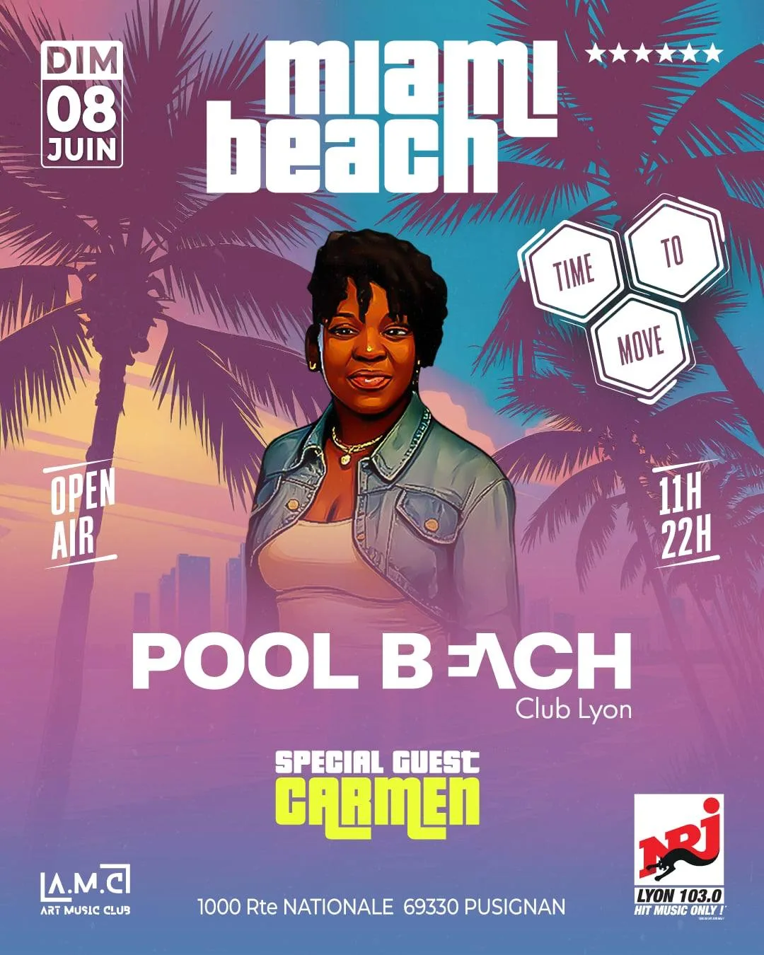 Affiche de la soirée Miami Beach Pool Beach Club Lyon avec Carmen Clayton en concert
